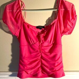 “AMBIANCE” Mesh Puff Sleeve Ruched Peasant Top